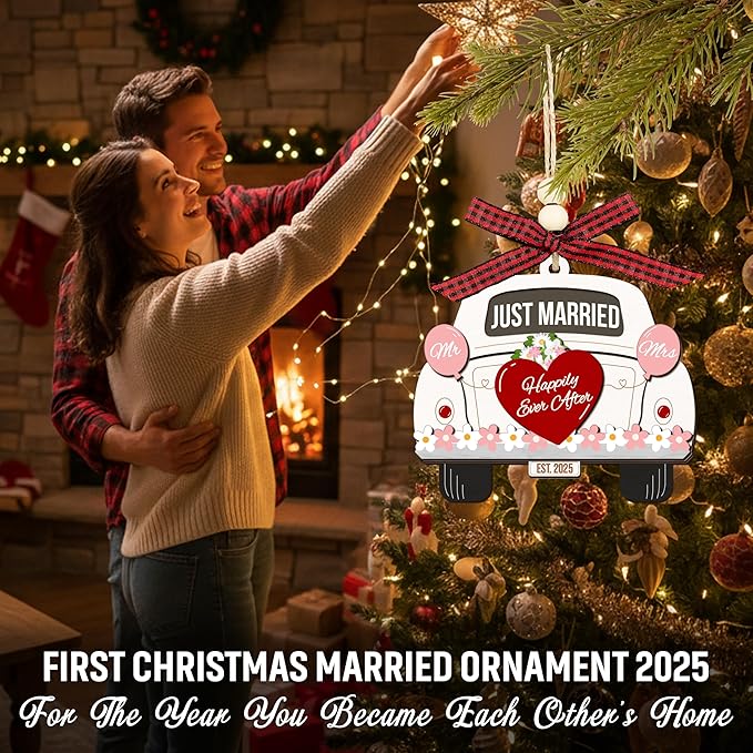 Wedding Gifts for Couples 2025, First Christmas Married Ornament 2025 - Just Married Wooden Ornament - Mr and Mrs Bridal Shower Gifts for Bride Newlyweds, Wedding Gift for Christmas Decorations