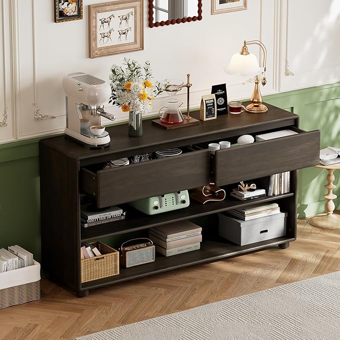 Wood Console Table with 2 Drawers and 2 Shelves, Vintage Entryway Table Storage Cabinet Sideboard for Dining Room Living Room Hallway (Espresso-P+)