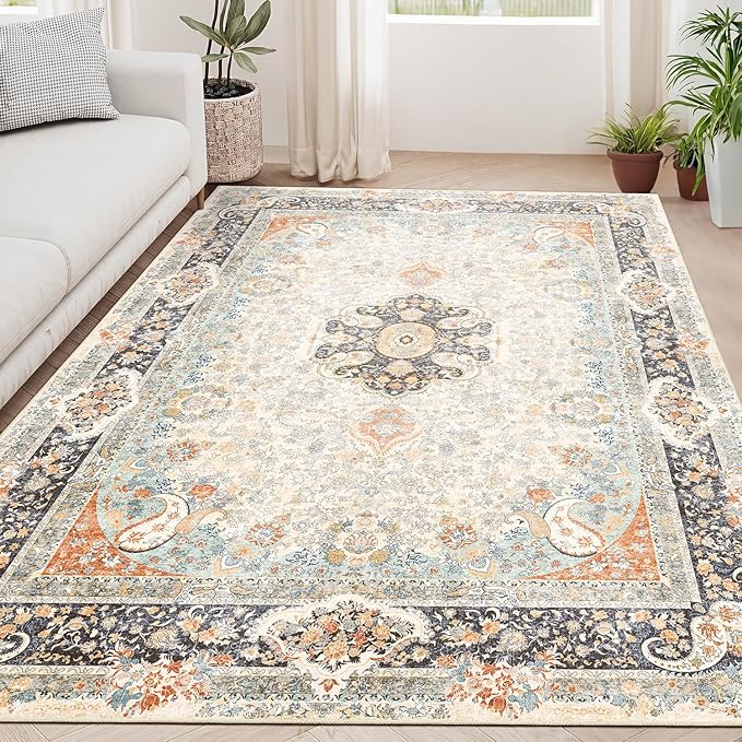 5x7 Area Rugs Washable,Vintage Rug for Living Room Bedroom Kitchen,Large Boho Bohemian Distressed Carpet Non Slip,Retro Blue Grey Floral