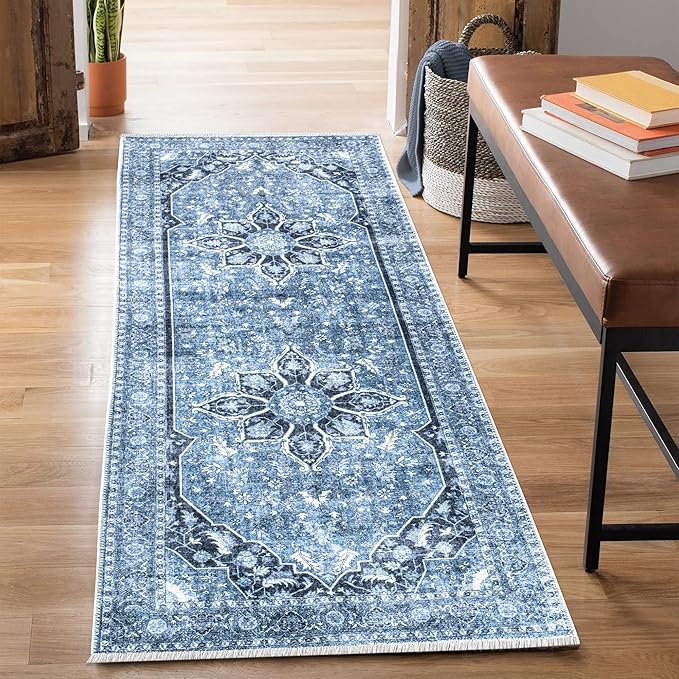 Bloom Rugs Caria Washable Non-Slip 12 ft Runner - Blue/Charcoal Traditional Runner for Entryway, Hallway, Bathroom, and Kitchen - Exact Size: 2'6" x 12'