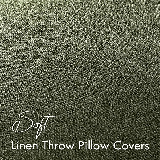 EMEMA Decorative Linen Throw Pillow Covers 20x20 Inch Dark Olive Green Boho Farmhouse Neutral Couch Throw Pillows for Bed Pack of 2 Accent Pillowcase Modern Sofa Cushion Livingroom Home