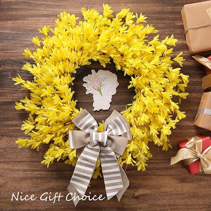 26 Inch Spring Wreaths for Front Door Large Forsythia Floral Summer Door Wreath Outdoor All Season Wild Wreath for Easter Valentines Home Living Room Porch Yard Window Farmhouse Decor (Yellow)