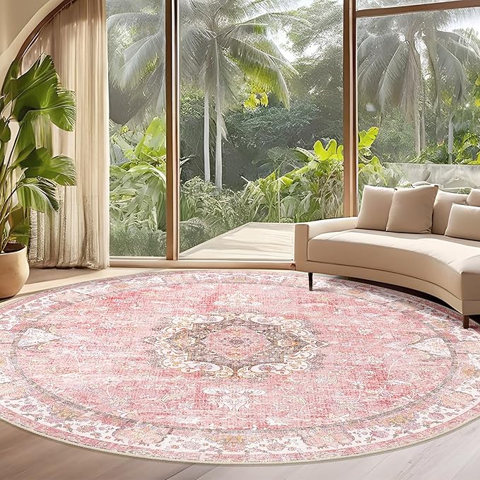 Large Pink Round Rug 9ft,Boho Circle Area Rugs for Bedroom Living Room,Washable Vintage Bohemian Distressed Oriental Floral Carpet Non Slip,Blush Floral Flowers