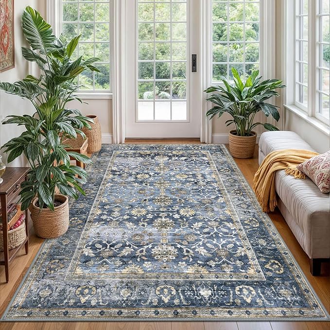 KUTA Vintage Area Rug 4x6 Washable Rug Blue Grey Beige Traditional Floor Cover Foldable Ultra Thin Soft Retro Accent Indoor Distressed Non Slip Carpet Floral Print Mat Bedroom Living Room Dorm Office