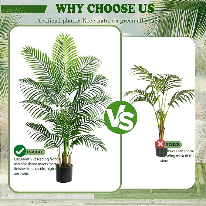 Artificial Palm Tree 5FT Faux Plants Indoor Tropical Fake Palm Tree Areca Floor Plant in White Pot with 13 Trunks & Real Bark Design, Faux Palm Plant for Outdoor Patio Home Room Office Decor