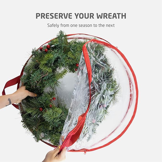 ZOBER 2 Pack Christmas Wreath Storage Container 30 Inch - Wreath Bag for Artificial Wreaths Box - Dual Zippered Wreaths Storage Bag with Durable Stitch Reinforced Handles - Red