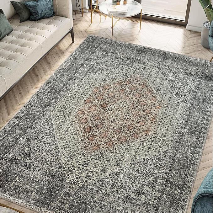 Keen Home Design 6x9 Rug - Machine Washable Area Rug with Non-Slip Backing, Ideal for Living Room, Dining Room, Bedroom - Vintage, Easy Clean, Durable, Low Pile - (6' x 9')