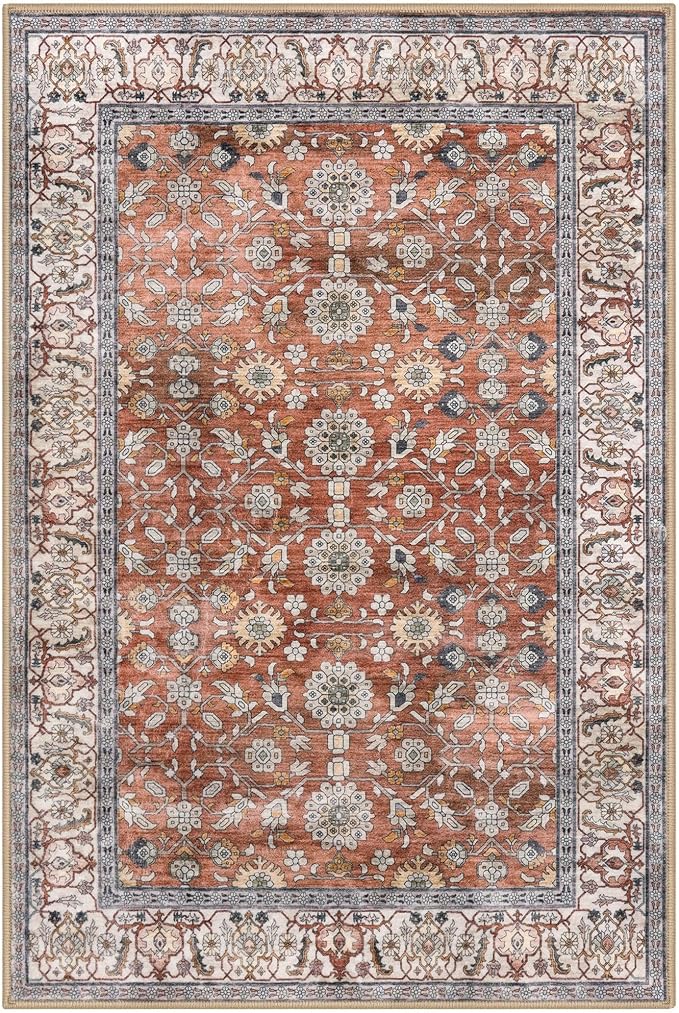 KUTA 3x5 Rugs for Entryway, Vintage Floral Area Rug Washable Non-Slip Terracotta Ultra Thin Soft Printed Distressed Entry Low-Pile Throw Carpet for Bedroom Nursery Living Room