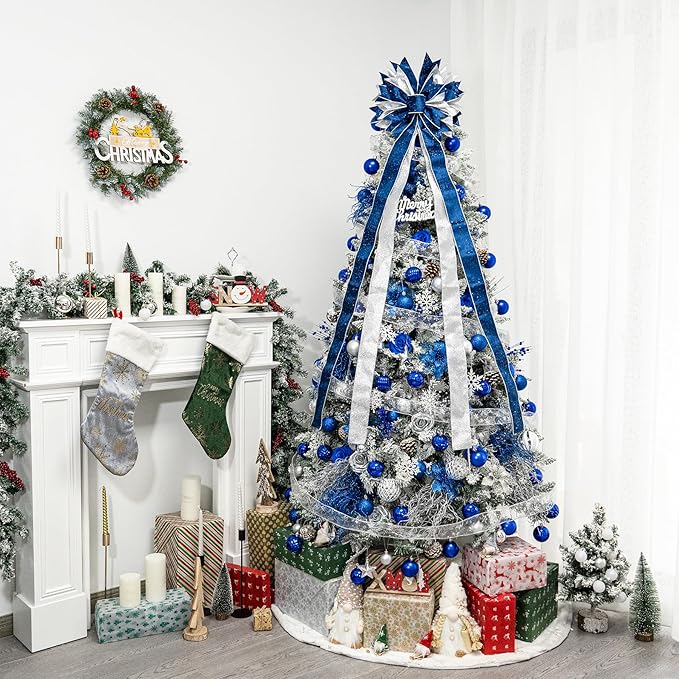 Christmas Tree Topper Bow, 53x13 Inches Large Christmas Bow with Glitter Streamer, Decorative Ribbon Bows for Xmas Tree Wreath Door Festival Home Decor(Blue & Silver)