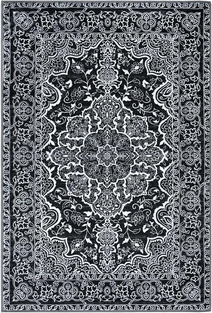 KUTA Vintage Area Rug 5x7 Black, Washable Rugs for Living Room Soft Non-Slip Printed Distressed Tribal Traditional Farmhouse Carpet for Bedroom Dining Room Dorm Office Home Decor