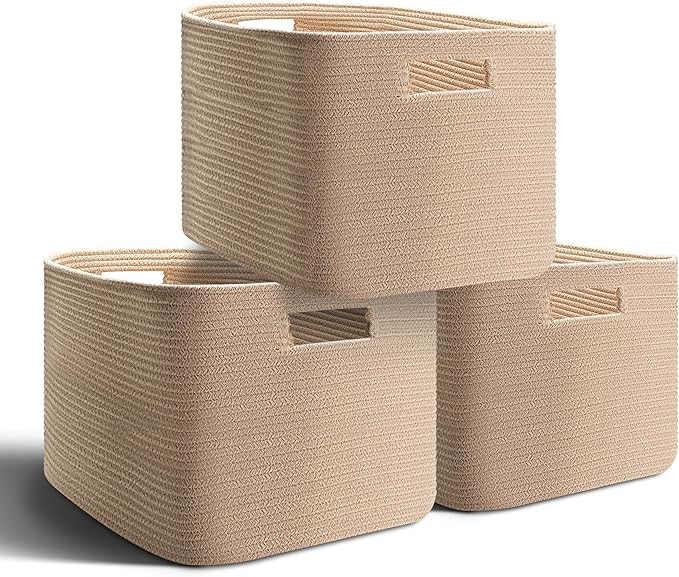 Storage Bins for Shelves, 3 Pack Storage Cubes Bins for Home Organizing, Decorative, Cotton Blend, Foldable Baskets for Bedroom, Livingroom