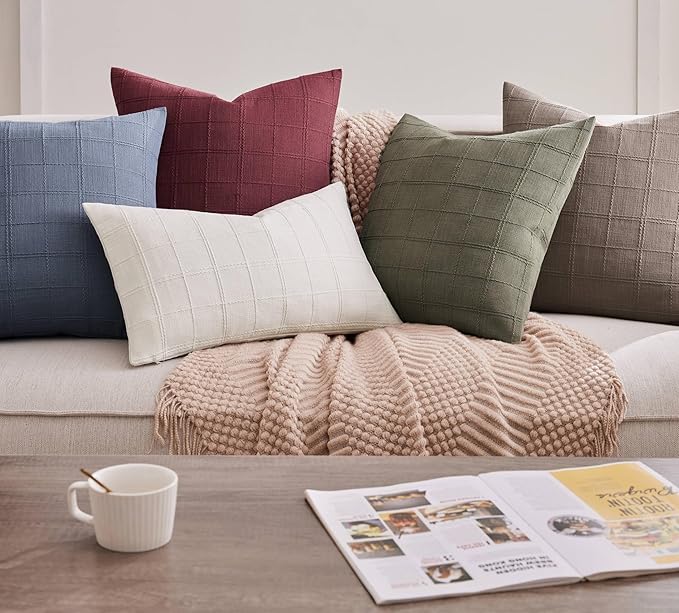 ZeeMart Linen Checked Throw Pillow Covers Set of 2, 22x22 Inch Allover Grid Blue, Farmhouse Decorative Double Sided Grid Embroidered Couch Pillow Cases Blue Cotton Linen Cushion Covers