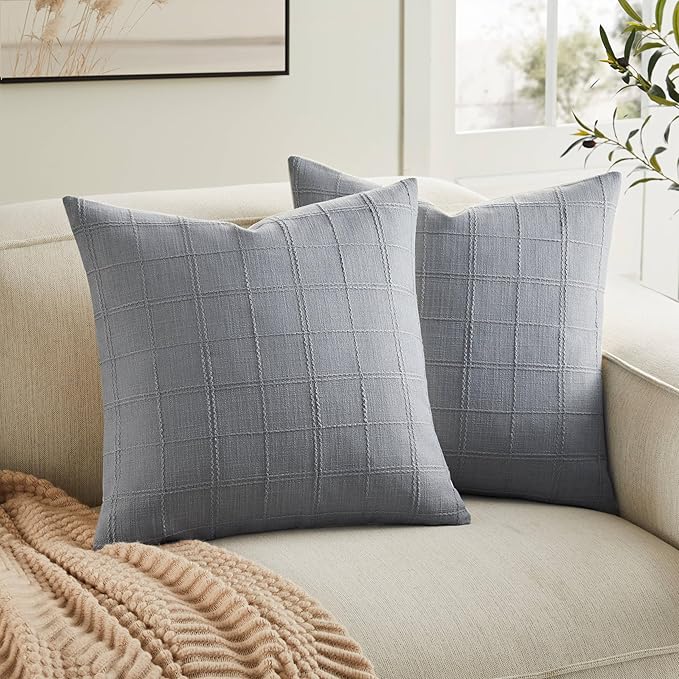 ZeeMart Linen Checked Throw Pillow Covers Set of 2, 18x18 Inch Blue Ashes/Cream, Farmhouse Decorative Single Sided Grid Embroidered Couch Pillow Cases Blue Grey Cotton Linen Cushion Covers