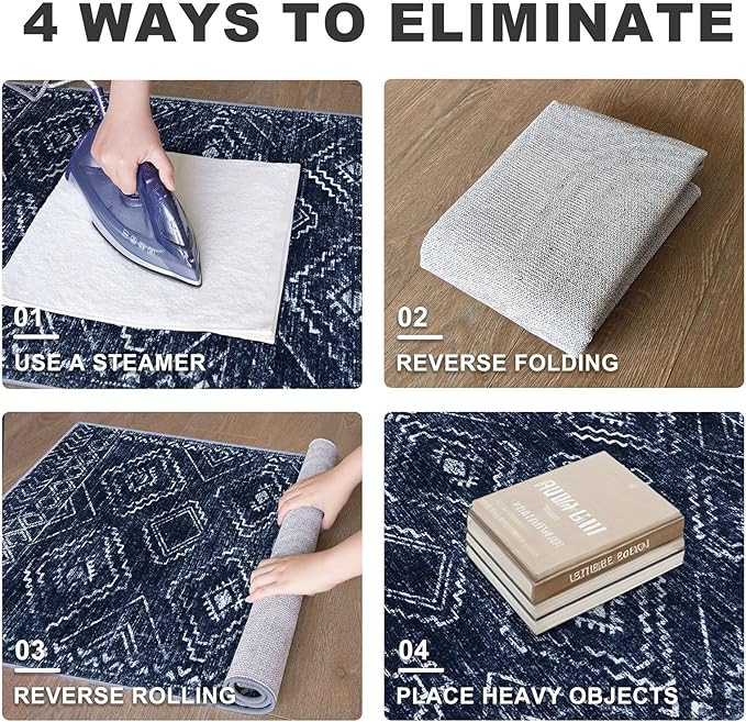 KILOCOCO Area Rug 4'x6' Entryway Rug Washable Bedroom Rugs Non Slip Printed Boho Low-Pile Rubber Backed Blue Soft Rugs for Kitchen Living Room Dining Geometric Moroccan Carpet, Dark Blue