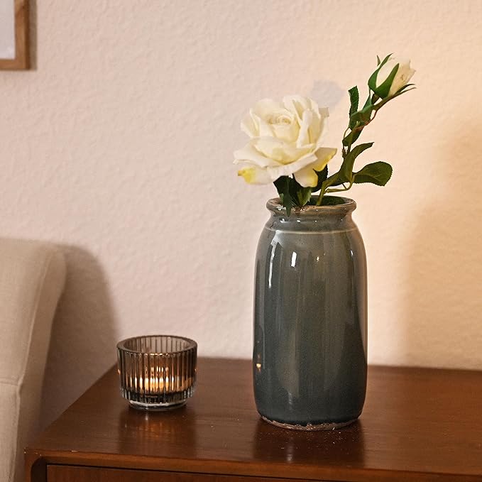 VICTOR & TERESA Rustic Large Blue and Grey Vase for Home Decor, 10'' Tall Ceramic Vases for Flowers, Farmhouse Decorative Vases for Pampas Grass, Table, Mantel, Living Room, Centerpieces