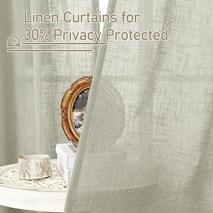 LAMIT Sage Grey Linen Boho Curtains 80 inch Length 2 Panels, Light Filtering Semi Sheer Panels Back Tab and Rod Pocket Neutral Drapes for Bedroom/Living Room, 52 x 80 Inch