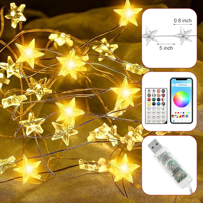 Smart Star Christmas Lights Indoor, 16.4 FT 40 LED USB Star Lights String, App & Remote Control, Timer Music Sync, Star String Lights for Bedroom
