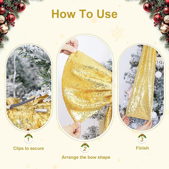PartyDelight Christmas Tree Topper Bow Decor Gold Sequin Large Bow 16x47 Inchs Ribbon Tie for Xmas Birthday Party Room Decorations Coquette Backdrop Wall Decors