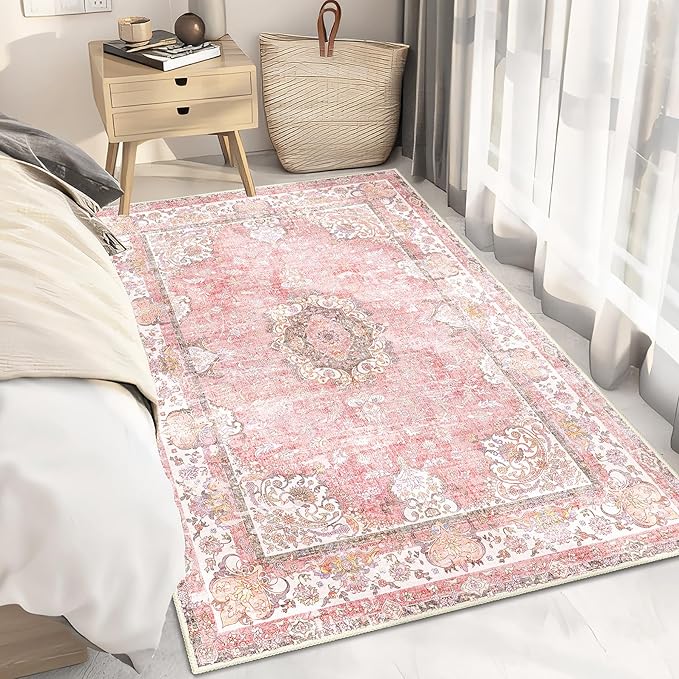 Pink Rug 3'x5',Washable Area Rugs for Bedroom Living Room Kitchen Entryway Bedside,Small Boho Vintage Bohemian Distressed Oriental Non Slip Carpet,Blush Floral Flowers