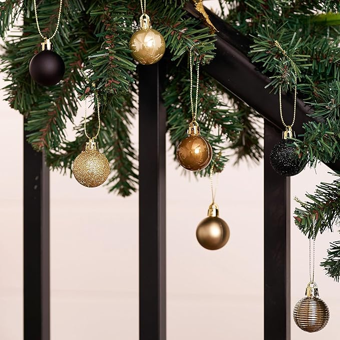 DecorbyHannah Mini Black Gold Christmas Ornaments, 49ct 1.18 inches Small Ornaments for Christmas Tree Decorations, Shatterproof Plastic Hanging Ball Bulk Set for Luxury Xmas Holiday Table Decor