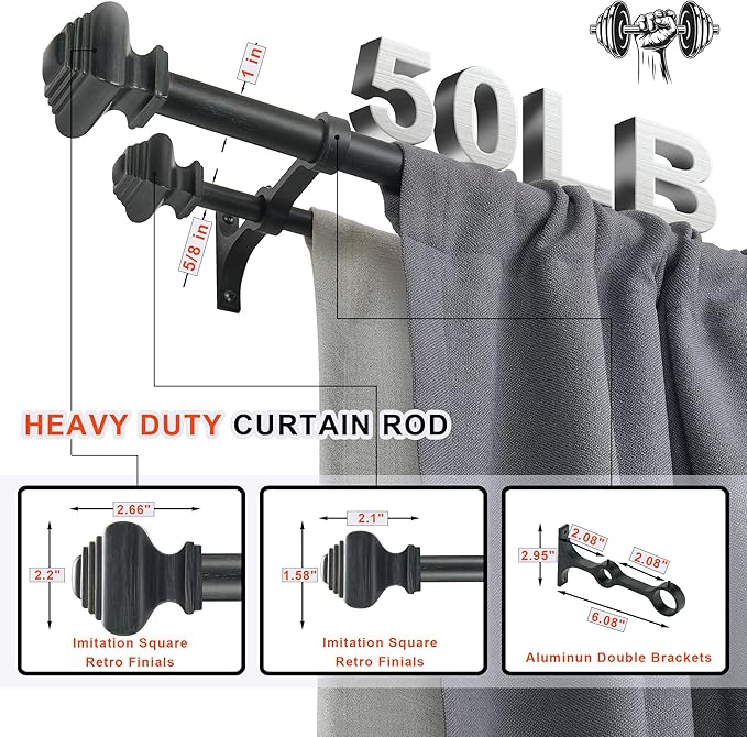Double Curtain Rods for Windows 72 to 144 Inches, Heavy Duty Double Curtain Rod with Square Retro Finials and Double Aluminum Bracket, Adjustable Double Rod for Curtains,Antique Black