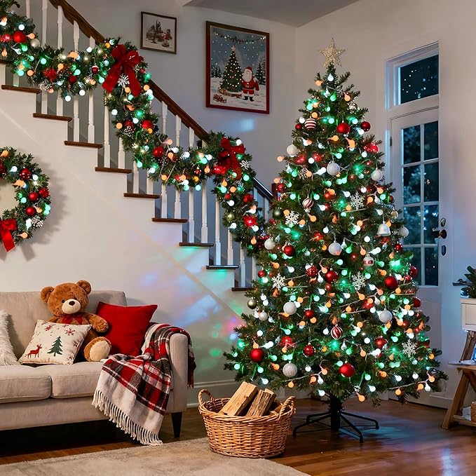 JMEXSUSS Globe String Lights, Red White and Green Christmas Lights，100 LED Plug