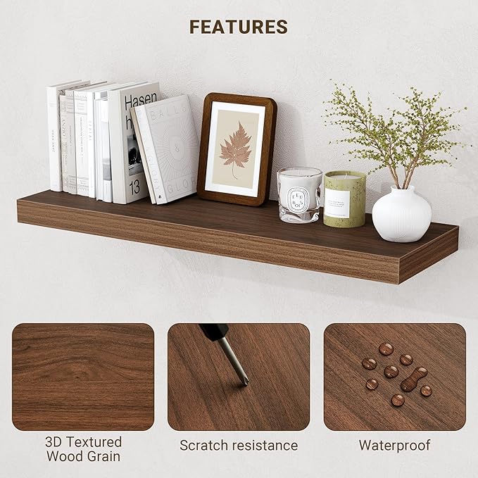 72 Inch Floating Shelves, 3D Textured Wood Grain, 72"x9.25"x1.5" Inch Deep Floating Shelves for Wall, Wooden Shelves for Bathroom, Bedroom, Living Room, Walnut, 1 Piece