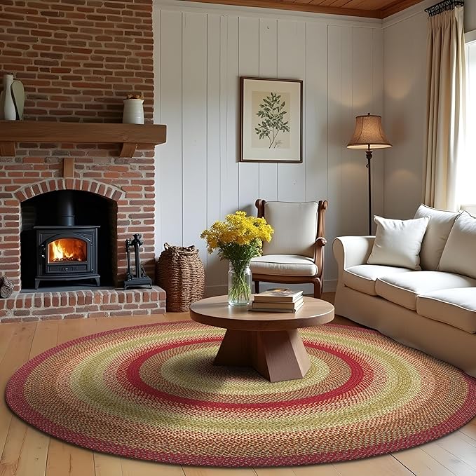 Homespice Cider Barn Cranberry Red Round Braided Rug, Jute, 6' - Perfect Country Rustic Decor for Living Room, Dining Room, Everywhere
