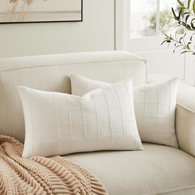 ZeeMart Linen Checked Lumbar Throw Pillow Covers Set of 2, 12x20 Inch Ivory/Cream, Farmhouse Decorative Single Sided Grid Embroidered Couch Pillow Cases Off White Cotton Linen Cushion Covers