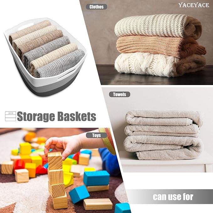 Storage Basket for Shelves, 3 Pack Cotton Blend Storage Bins with Handles, Foldable Woven Baske for Toys, Clothes, Storage, 15''Lx10''Wx9''H