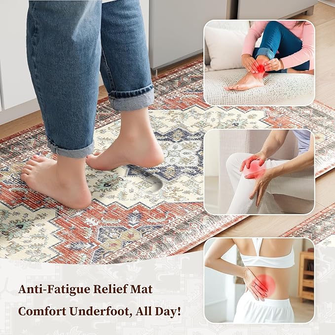Boho Kitchen Mats for Floor 2 Piece Set Anti Fatigue Cushioned PVC Kitchen Rugs Non Slip Waterproof Farmhouse Mats 2/5 Inch Comfort Standing Mat for Sink, Laundry, 17.3"x59"+17.3"x28", Taupe Red