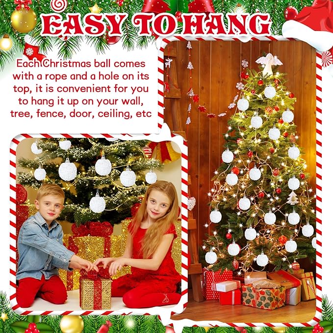 Liliful 48 Pcs 1.18 Inch Mini Christmas Ball Ornaments Christmas Tree Ornament Glitter Sequin Foam Ball Ornaments Xmas Hanging Decoration for New Year Holiday Wedding (White)