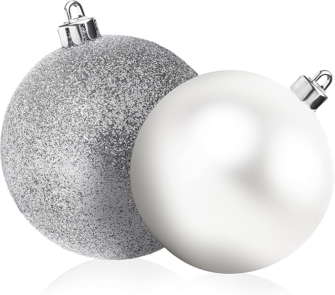 100 Silver and White Christmas Ornament Balls Shatterproof + 100 Metal Ornament Hooks, Hanging Ornaments for Indoor/Outdoor Xmas Christmas Tree, Holiday Party Home Décor 1.2" 1.6" & 2.4"