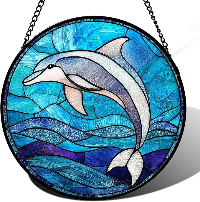 Stained Glass Suncatcher, Blue Ocean Dolphin Sun Catcher Marine Life Stain Glass Indoor Window Hanging Decoration Mother's Day Birthday Gifts for Women Men Mom and Nana 6.3 in