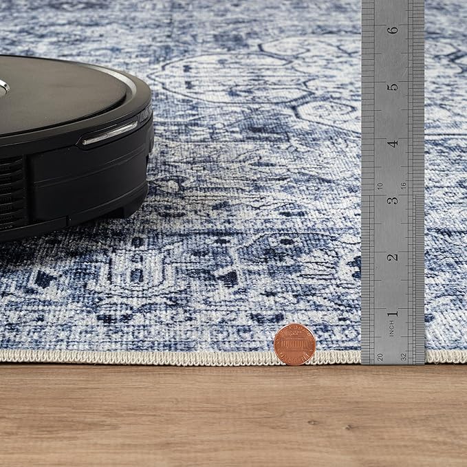 Bloom Rugs Washable Non-Slip 12 ft Runner - Ivory/Denim Blue Traditional Medallion Runner for Entryway, Hallway, Bathroom, and Kitchen - Exact Size: 2.5' x 12'