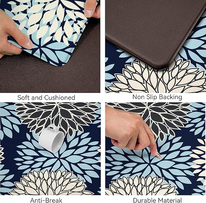 Kitchen Mats Set of 2 Cushioned Anti Fatigue Kitchen Rugs Non Slip Waterproof Kitchen Runner Memory Foam Kitchen Floor Mat Comfort Standing Mat for Sink,Office,Laundry, Navy Blue