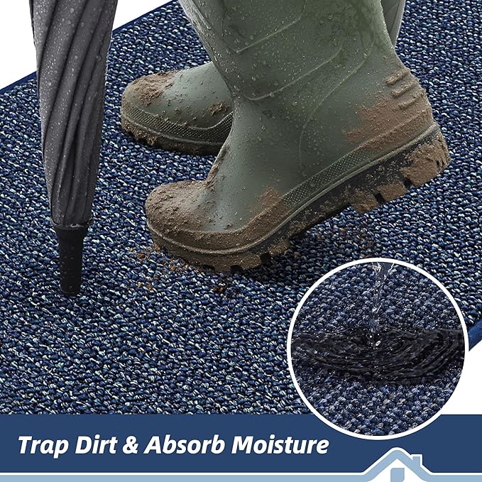 BEQHAUSE Dirt Trapper Door Mat 20" x 48", Non-Slip Washable Doormats Entrance Mat, Dirt Resistant and Absorbent Welcome Mat, Low Profile Floor Mats for Front Back Door and Entryway, Blue