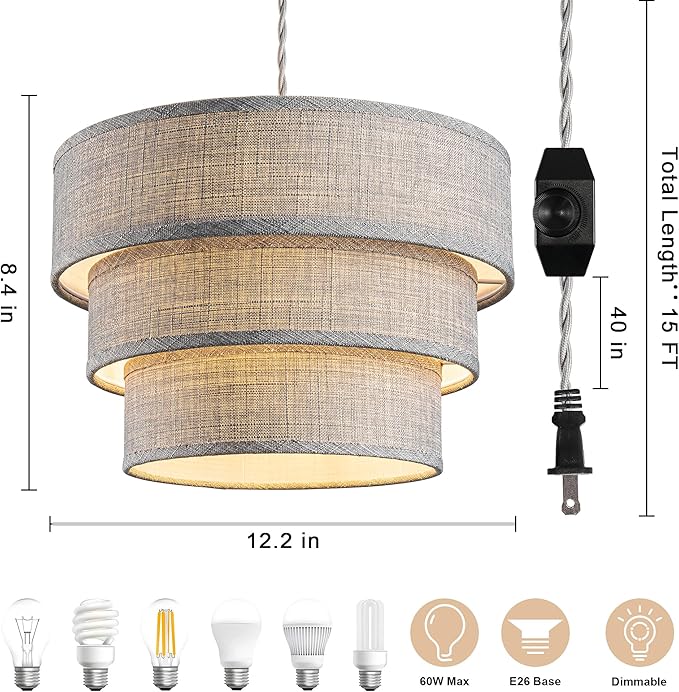 Plug in Pendant Light, Hanging Lamp with Dimmable Switch, Hanging Light Fixtures with 15 Ft Cord, Swag Light with Grey Fabric Shade for Bedroom, Kitchen, Living Room, Dining Table