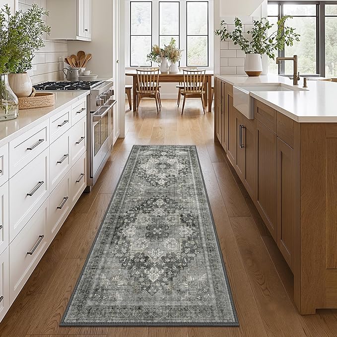 GENIMO 2x4 Runner Rugs for Hallway, Machine Washable Non Slip Vintage Rugs, Low Pile Lightweight Soft Print Rug for enrtyway, Corridor, Home Office, Kitchen, Charcoal Gray