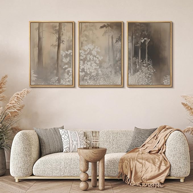 MUDECOR Framed Wall Art Print Set Neutral Forest Landscape Beige and Gray Watercolor Illustrations Realism Decorative for Living Room, Bedroom, Office - 24"x36"x3 Natural