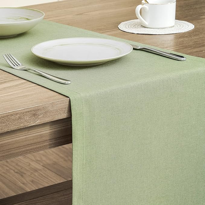 ZeeMart Basic Linen Style Table Runner, 14 x 48 Inch Sage Green, Rustic Farmhouse Green Table Runners 48 Inches Long, Everyday Polyester Table Runner - Machine Washable & Easy Care