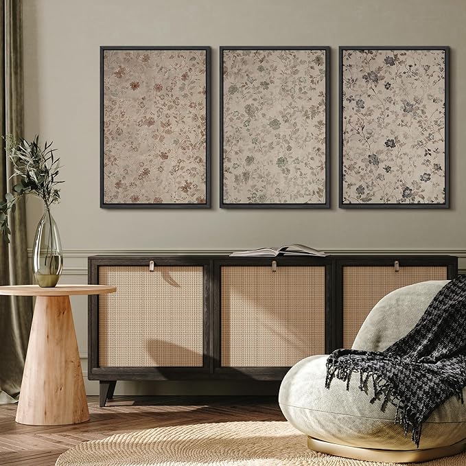 MUDECOR Framed Wall Art Print Set Vintage Floral Botanical in Neutral Tones Illustrations Realism Decorative for Living Room, Bedroom, Office - 16"x24"x3 Black