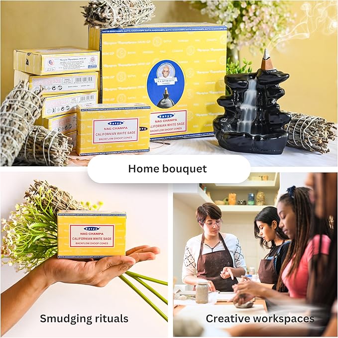 Californian White Sage Backflow Incense Cones for Waterfall Aromatic Smoke Fountain Haze Falls and Mat Bundle - Pack of 12