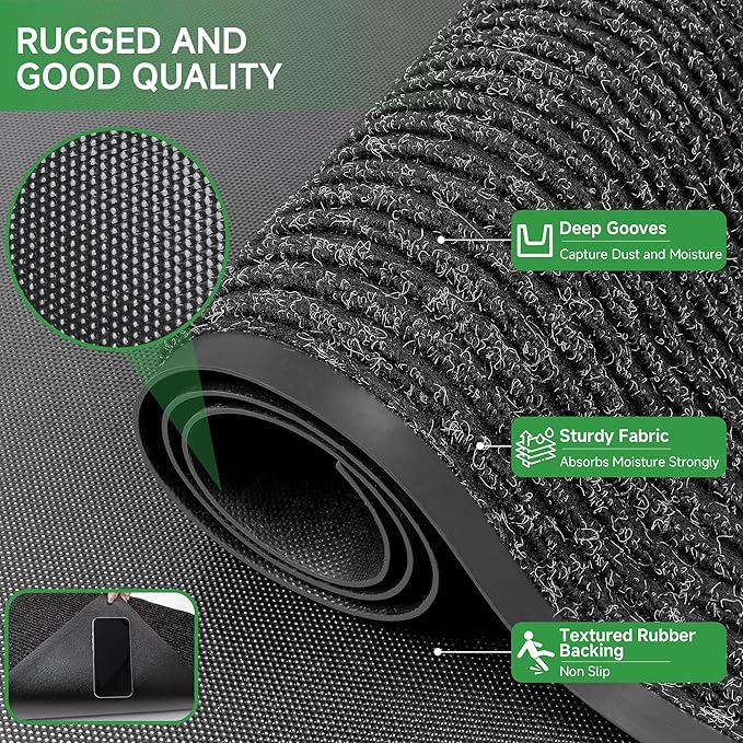 Front Door Mat, Heavy Duty Indoor Outdoor Doormat, 120" x 36" Low Profile Outdoor Mats for Home Entrance, Stain and Fade Resistant Welcome Mat Ideal for High Traffic Area, Black