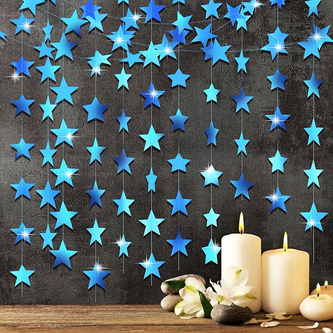Patelai Glitter Star Garland Banner 2026 New Years Decor 130 Feet Star Hanging Banner Twinkle Backdrop for Birthday Classroom Wedding Christmas Party Supplies(Holographic Blue)