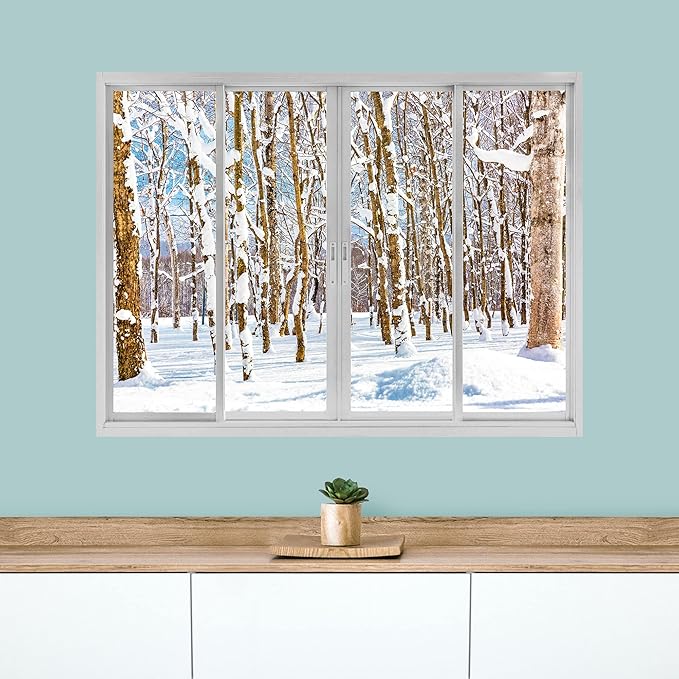 wall26 Removable Wall Sticker/Wall Mural Window View Snowy Winter Mountain Forest Trees Wilderness Nature Photography Realism Rustic Landscape Colorful for Living Room, Bedroom, Office - 36"x48"