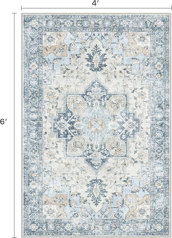 4x6 Area Rugs for Living Room, Machine Washable Rug, Non Slip Vintage Rugs, Low Pile Lightweight Print Rug for Bedroom, Dining Room, Home Office, Blue