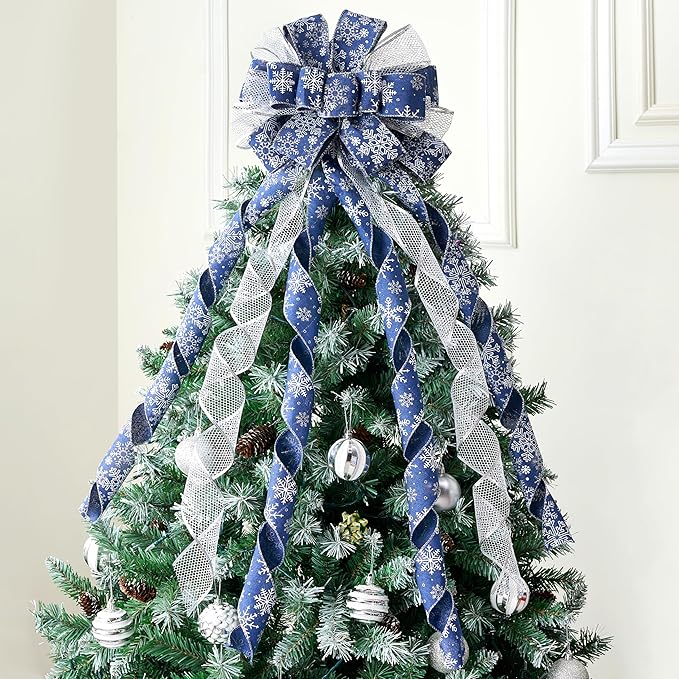 JOIEDOMI 45 Inch Christmas Tree Topper Wreath Bow, Blue and Silver Ribbon Ornaments with Snowflakes and Glitter, Large Gift Decor for Xmas Holiday Themed Decoration Home Parties Wedding