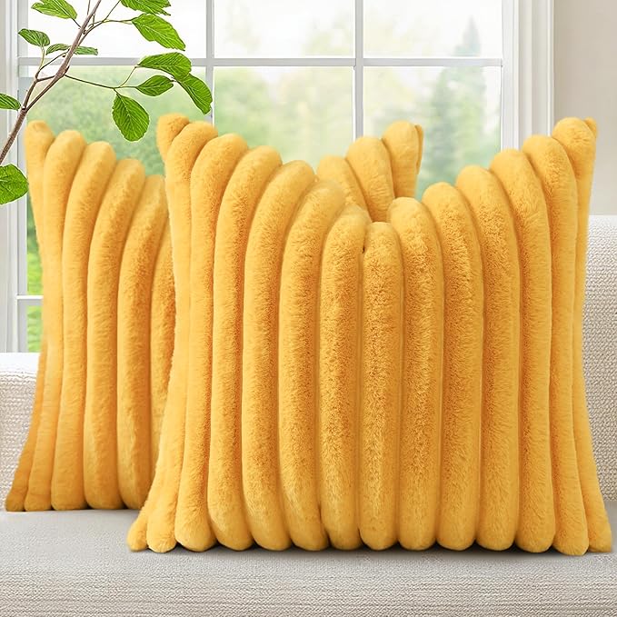 decorUhome Faux Fur Christmas Throw Pillow Covers 20x20 Set of 2, Decorative Soft Plush Striped Neutral Couch Euro Pillow Covers with Velvet Back for Sofa, Bed, Living Room Home Decor, Mustard Yellow