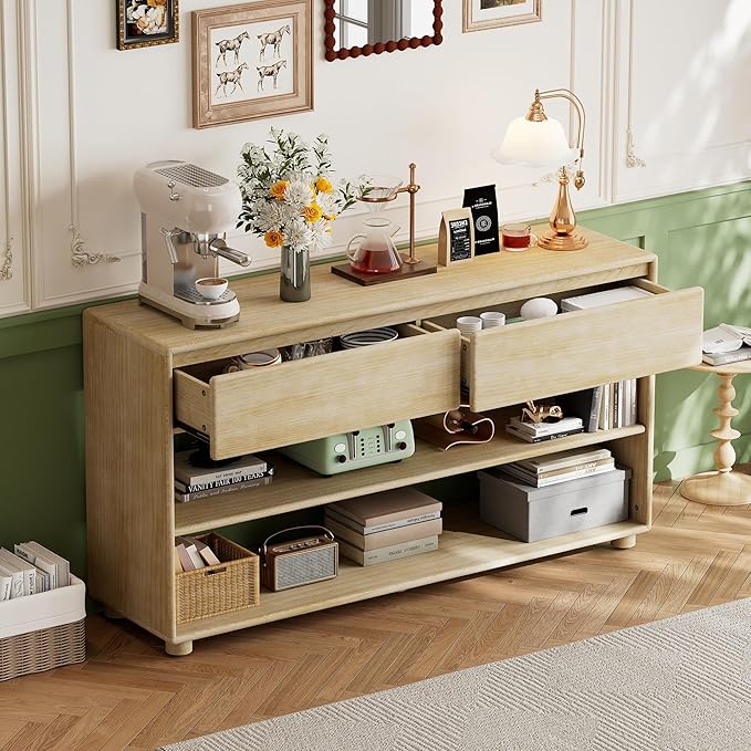 Wood Console Table with 2 Drawers and 2 Shelves, Vintage Entryway Table Storage Cabinet Sideboard for Dining Room Living Room Hallway (Natural-P+)